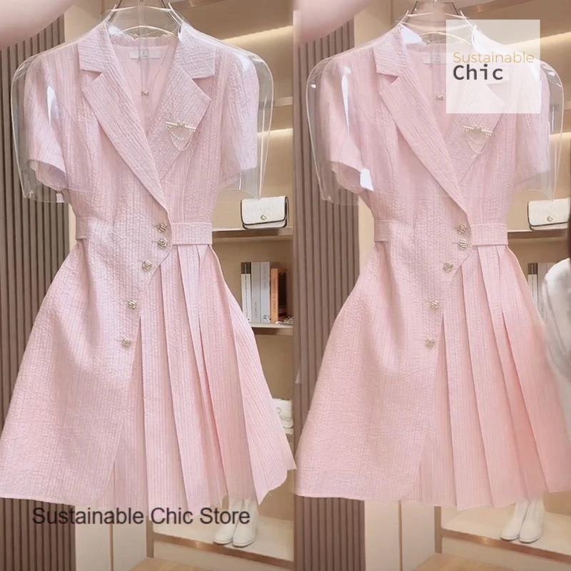 

French temperament small fragrance pink suit dress female summer new high-grade fashion slim short A-line skirt dress for women