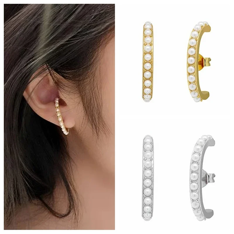 925 Sterling Silver Needle Big C-Shaped Artificial Pearl Stud Earrings for Woman 2024 Trend Elegant Jewelry Wedding Accessories