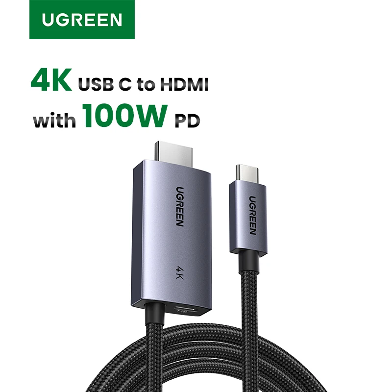 UGREEN Кабель USB C-HDMI с адаптером быстрой зарядки PD 100 Вт 4K при 60 Гц 2-в-1 Thunderbolt Однонаправленный тип C к HDMI 2 метра