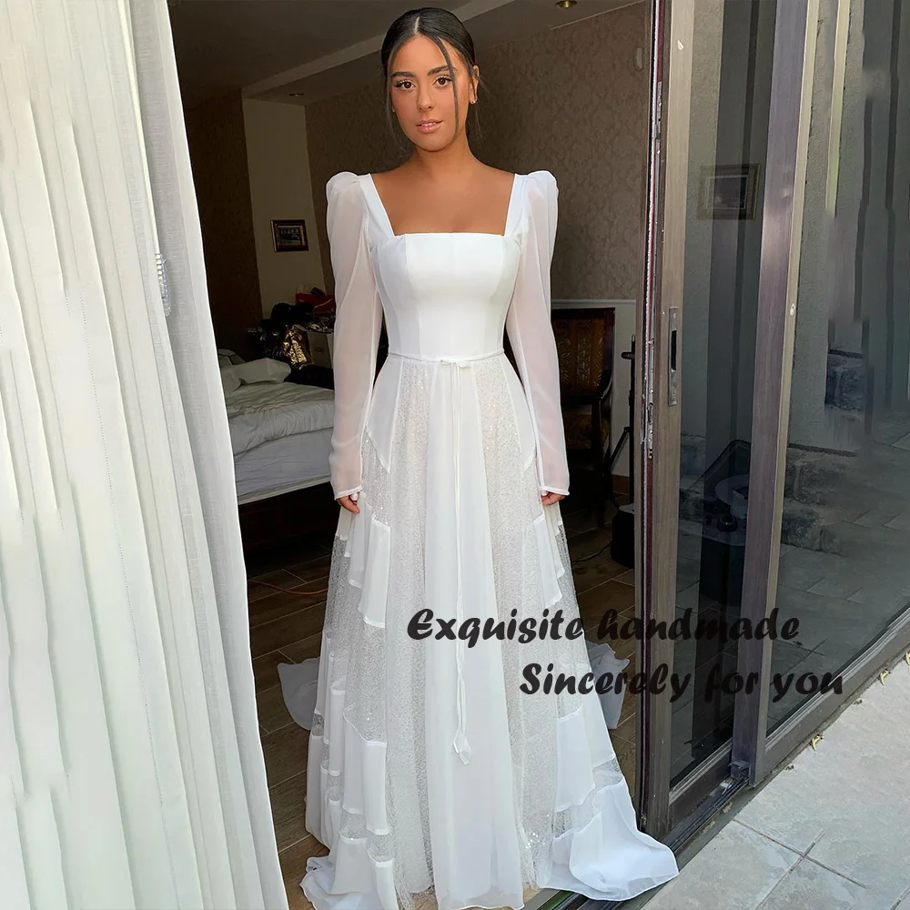 

White A Line Wedding Dresses Long Sleeve Square Neck Bow Ribbons Beach Bride Dress Long Boho Wedding Bridal Gowns 2023