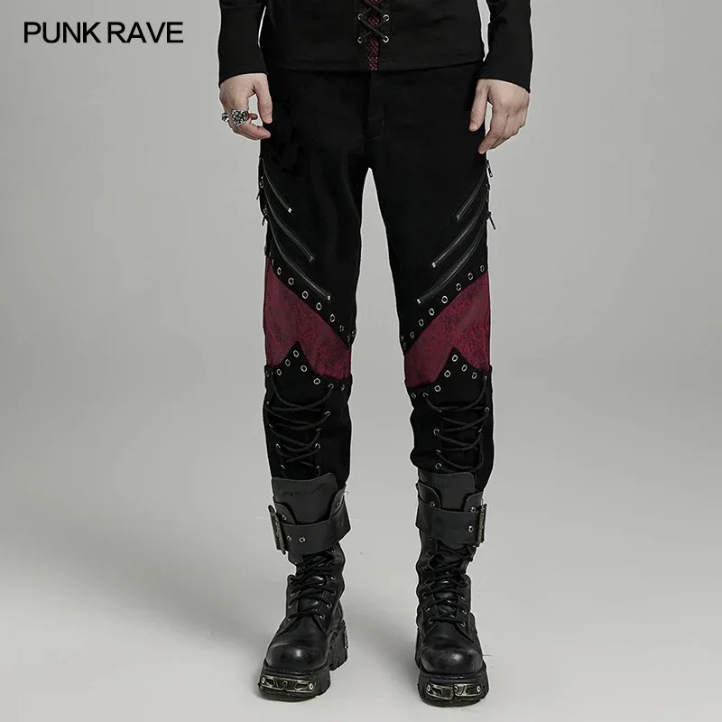 

PUNK RAVE Men's Punk Buckle Loops Decorated Distressed Pants Drawstrings Trousers Streetwear Men Clothing Two Colors