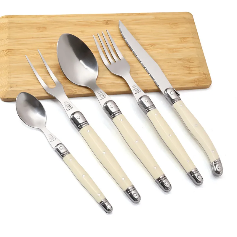 4-24pcs Laguiole Cutlery Set Steak Fork Soup Spoon Teaspoon Ivory White Plastic Handle Dinnerware Stainless Steel Dinner set