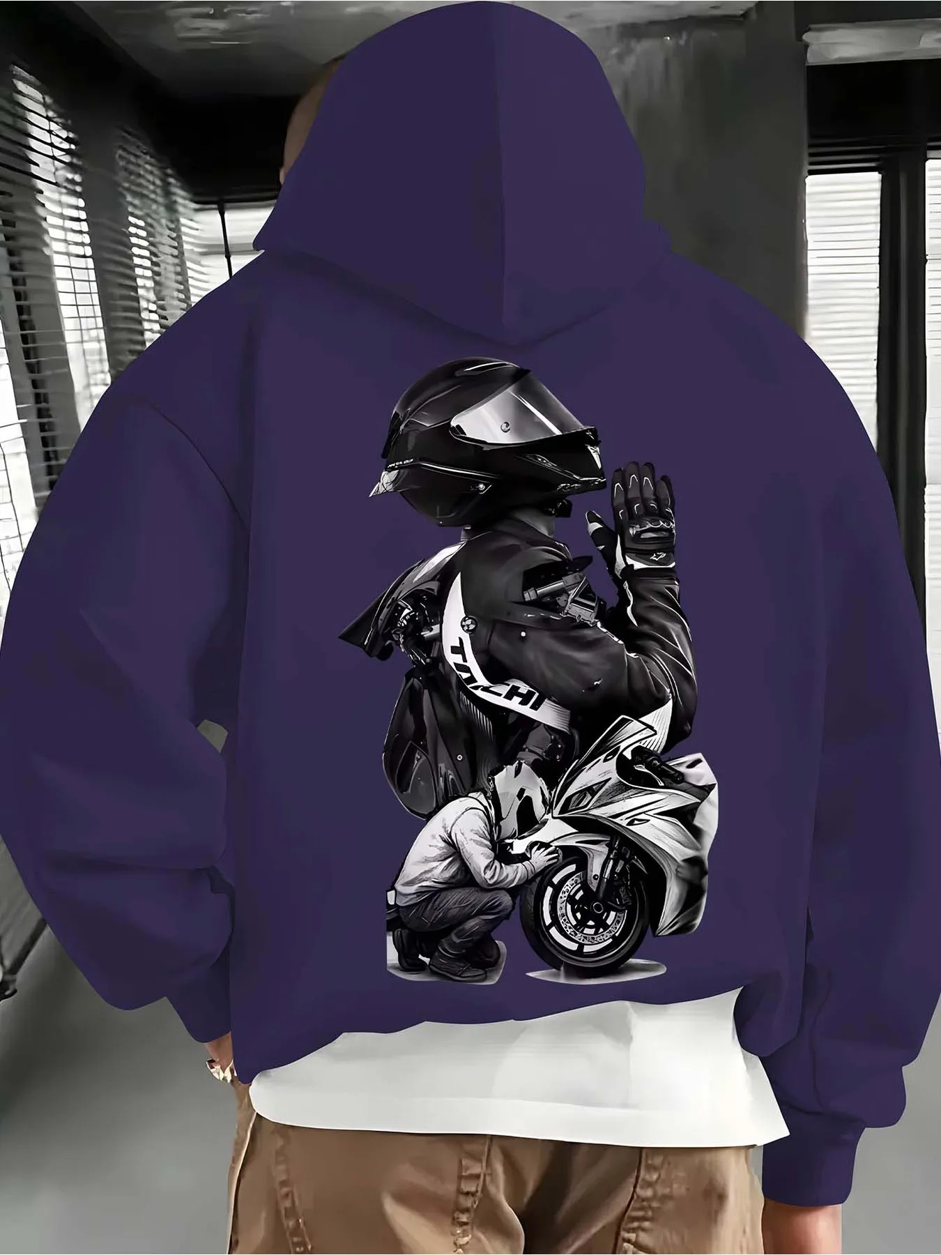 Herren Biker-Print Hoodie Hip-Hop Sport Streetwear Motorradfahrer Lässiger Lockerer Pullover Sweatshirt Oberteil – Detail 4