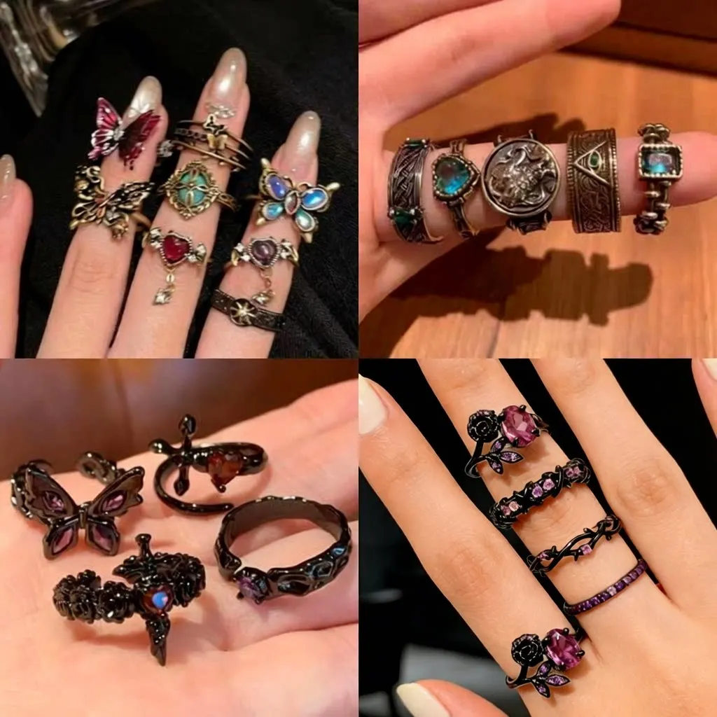 

Кольцо в темном стиле с эмалью, винтажный дизайн, регулируемое, унисекс, из сплава, модный аксессуар