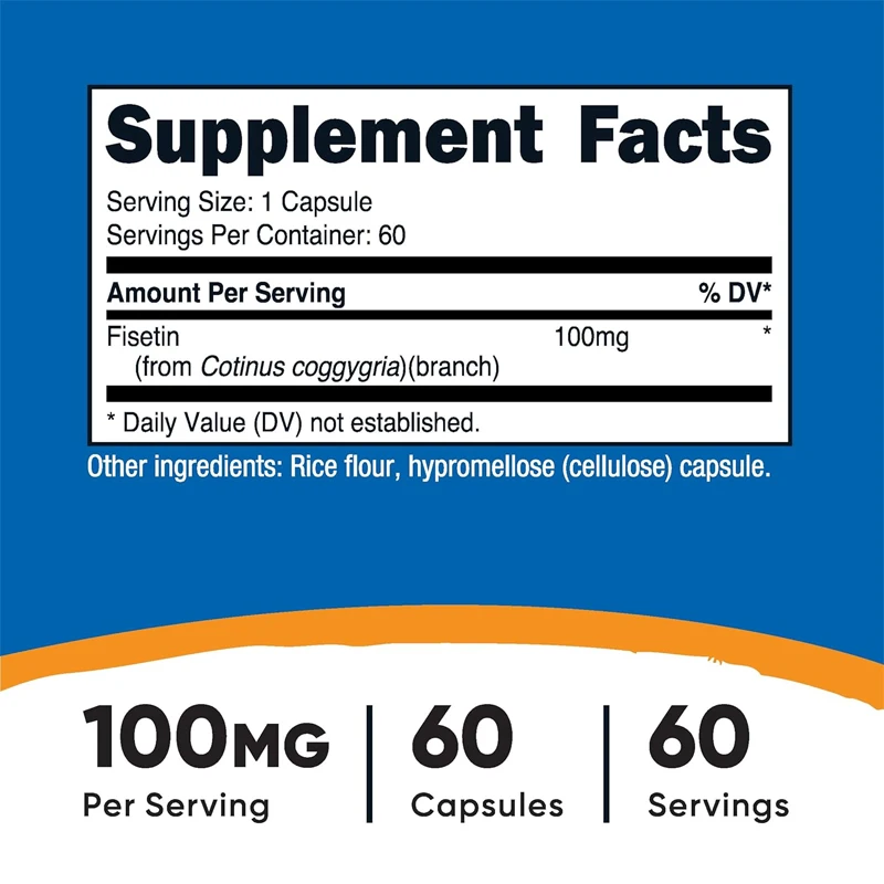 Fisetin Capsules 100mg, 60 capsules - Natural polyphenol antioxidant, non GMO, gluten free, vegetarian friendly supplement