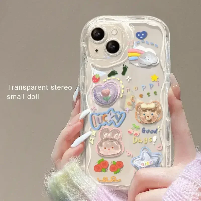 Clear Korean 3D Bear Rabbit Hang Cute Phone Case for IPhone 15 14 13 12 11 Pro Max Plus XR XS 7 8 6S Lanyard Bracelet Wavy Cover