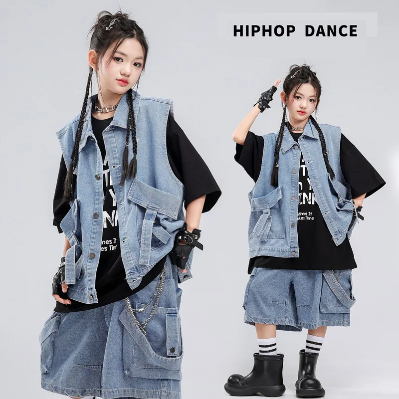 Jazz Dance Clothes Set Street Dance Performance Costume Cool Denim Vest Shorts Outfit Group Hip Hop Stage Performance Clothes
