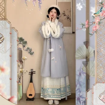 Neue Plüsch Winter Lange Gestickte Baumwolle Jacke Gefüttert Pferd Rock frauen Kleidung Drei Stück Set