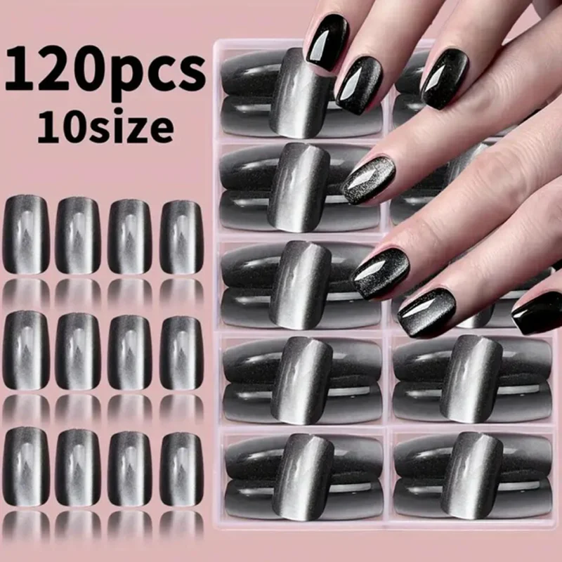 

120 Pieces Black Cat Eye Fake Nails Square Short Full Cover Nail Tips Press On Nails Nail Decorations Manicure Extension