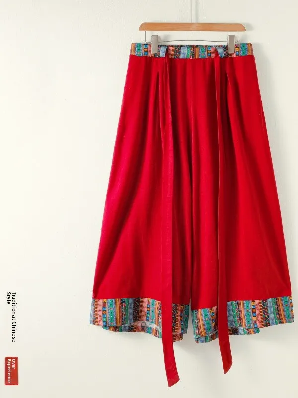 

Loose Wide Leg Pants Hanfu Dancewear Red Ethnic Sle Spring Casual Trousers Youth Faion Comfortable Loose Fit Long Pants