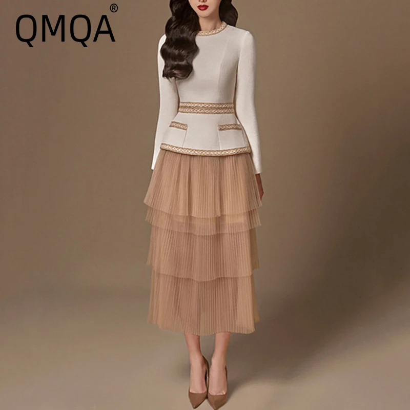 

QMQA Fashion Women's 2 Pcs Set Tweed O-neck Contrast Color Slim Tops Elastic Waist Pleated Mesh Skirt Sets 2025 Female New QM252