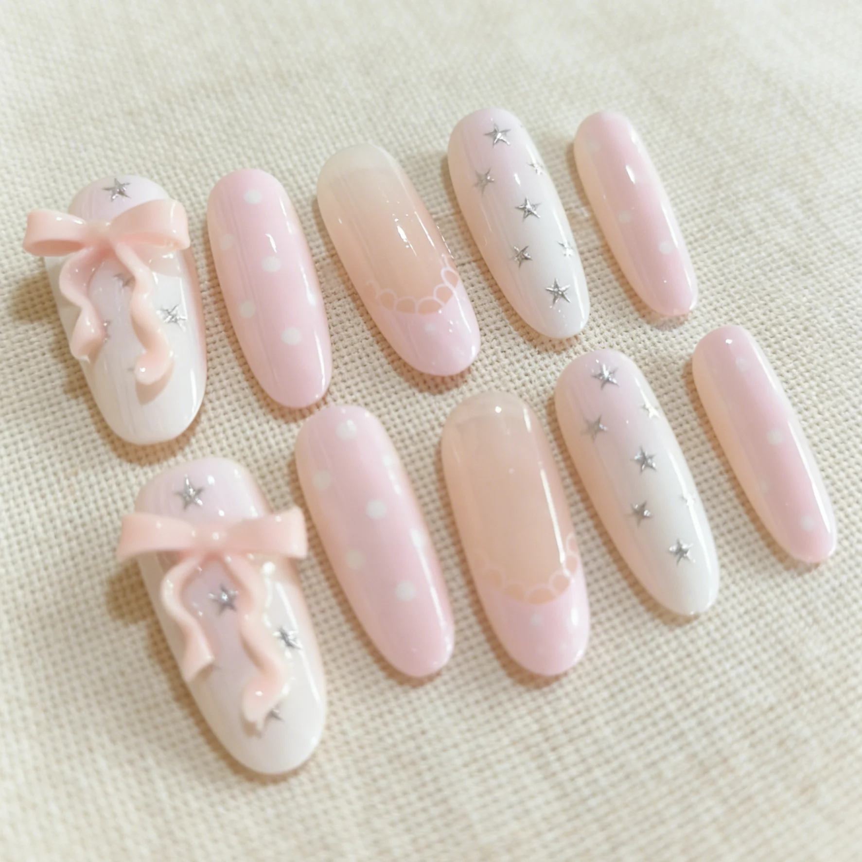10 Pieces of Hand-Pressed Almond-Shaped Nails, Beautiful False Nails, Fresh Lotus Pink Bowknots, Suitable for Women