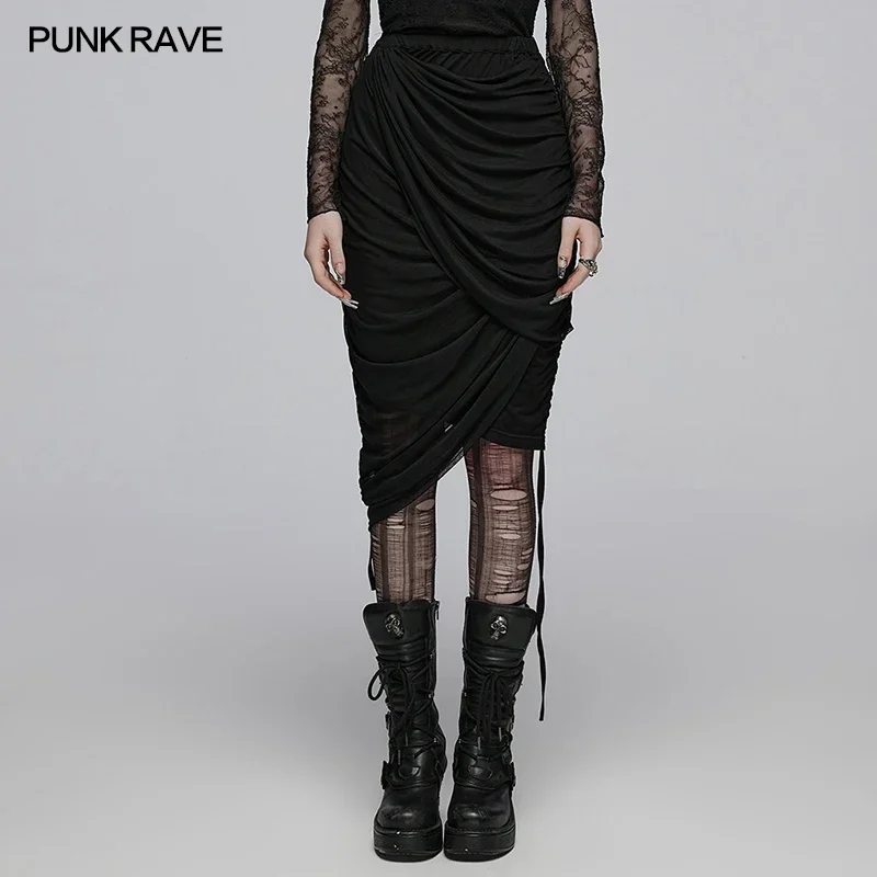 

PUNK RAVE Women's Daily Irregular Drape Cut Multi Layered Half Skirt Slim Fit Casual Soft Black Women Clothing