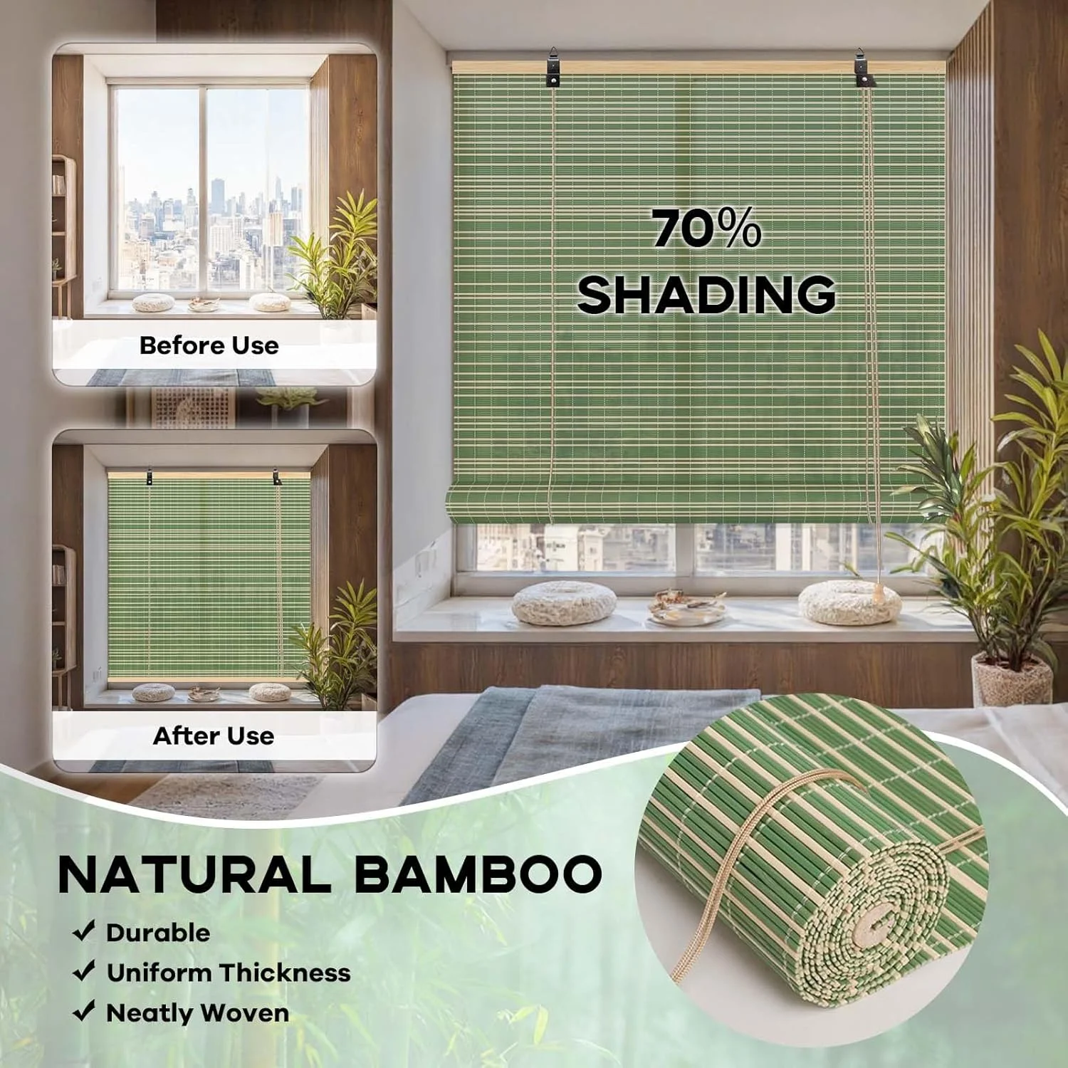 Bamboo Curtains with Lifter, Roller blind for Balcony, Tea Room, Garden, Outdoor, Wooden, Natural, Manual, Sunshade Blinds