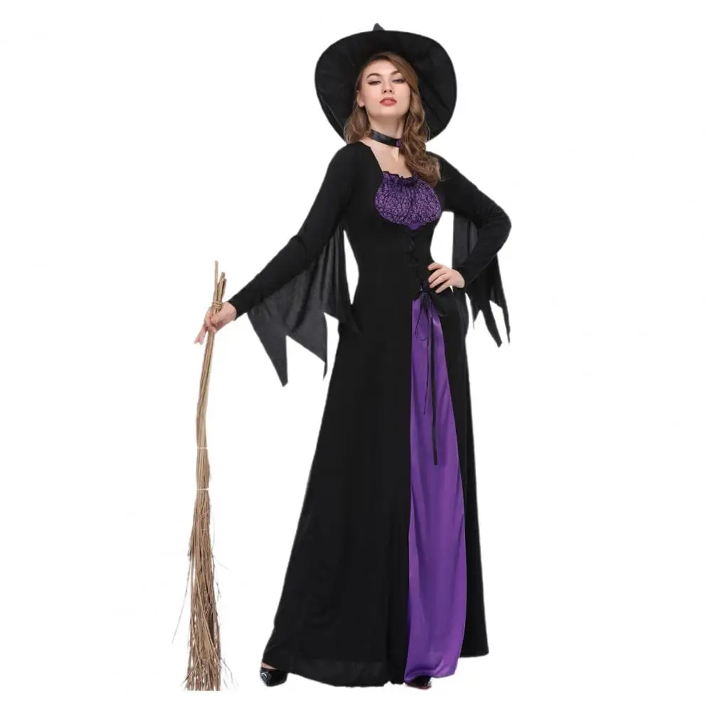 Masquerade Witch Costume Halloween Witch Costume Witch Halloween Costume Set with Dark Purple Dress Hat Collar Style for Women