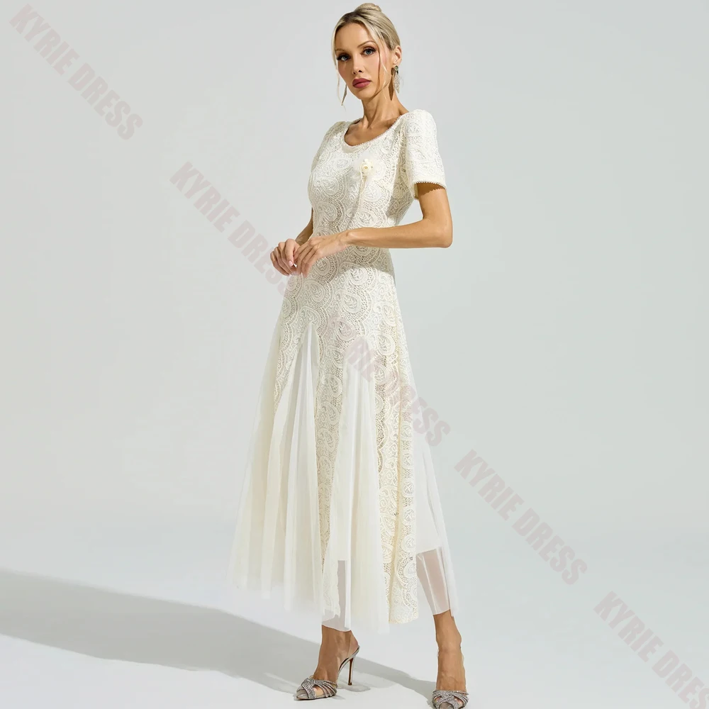 Customized Mother of The Bride Dresess 2026 Scoop Neck Ruffles Short Sleeves Lace A Line Wedding Guest Dress Party Evening Gowns