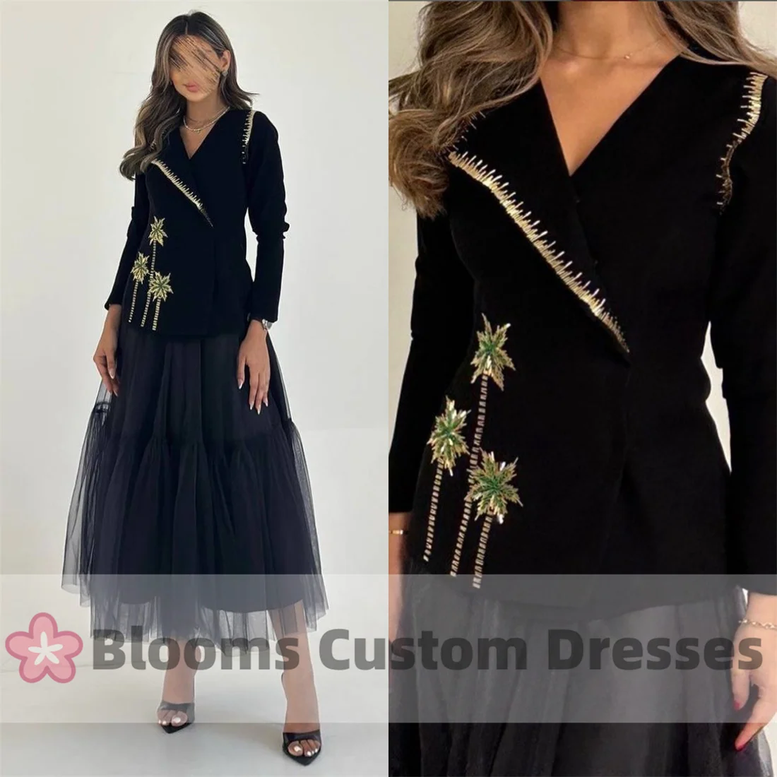 Blooms Customized Black Crepe Tulle A-Line Evening Dresses Beaded Coconut Tree Long Sleeves Formal Occasion Party Dress For Prom