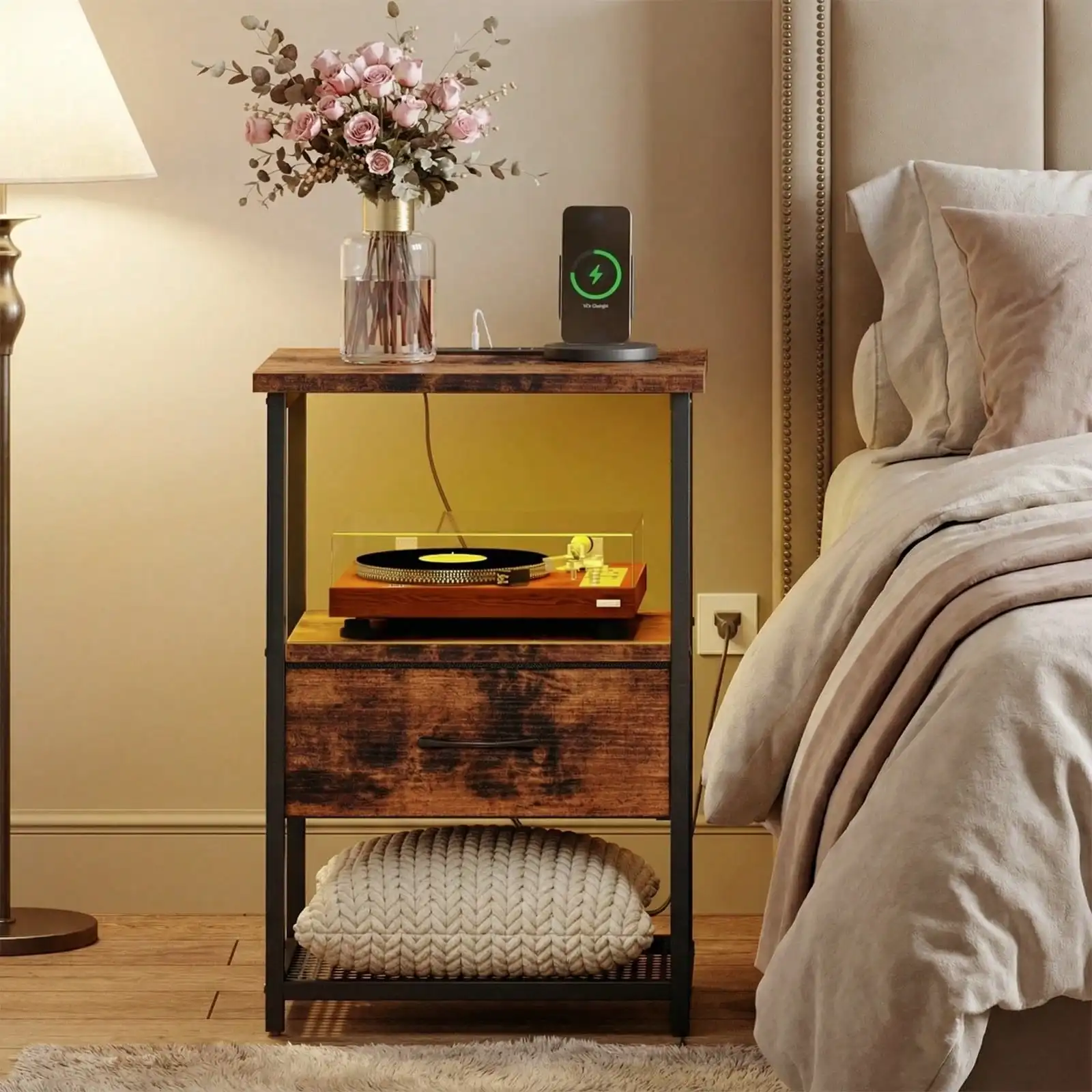 Tomnk Beside Table With Charging Station, LED Nightstand With Fabric Drawers, End Table With PU Finish, Bedside Table, For Bedroom