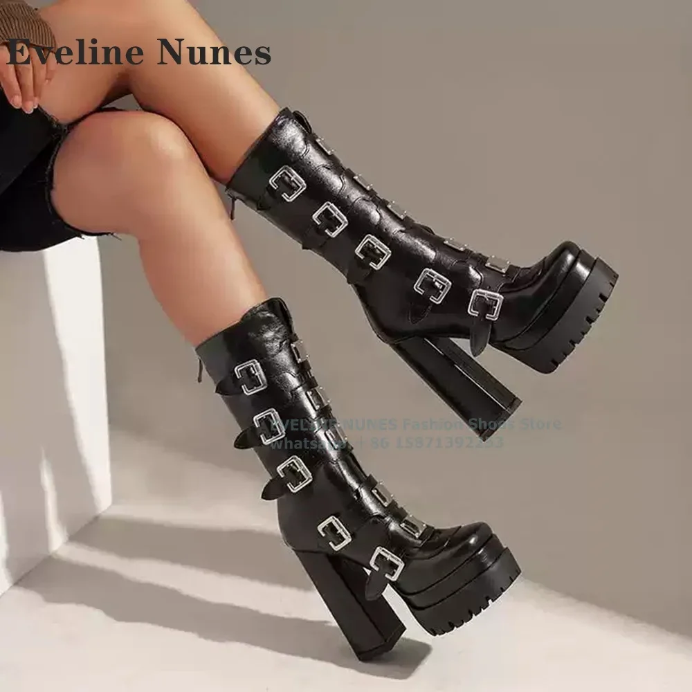 

Metal Belt Buckle Platform Ankle Boots Punk Winter Square Toe Block Heels Height Increasing Back Zipper Patchwork Mid-Calf Boots