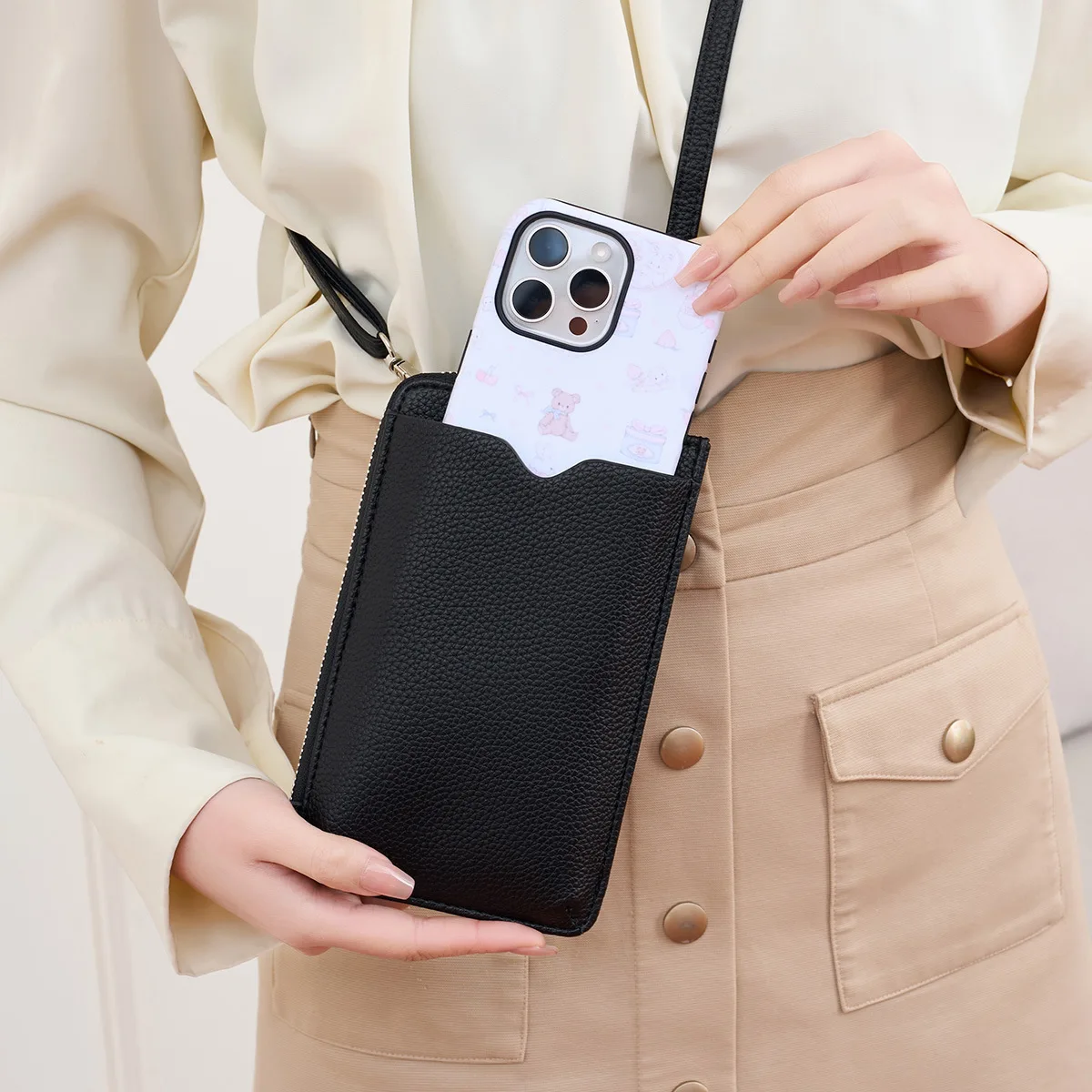 Litchi pattern soft leather vertical mobile phone bag ladies shoulder crossbody bag multi-card mobile phone storage wallet