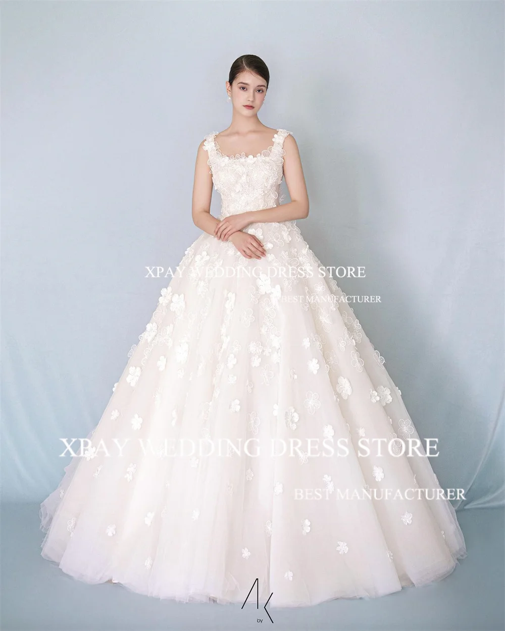 XPAY Gorgeous Square Neck Korea Ball Gown 3D Flowers Lace Appliques A Line Wedding Dress Photography Shoot Wide Strap Bride Gown