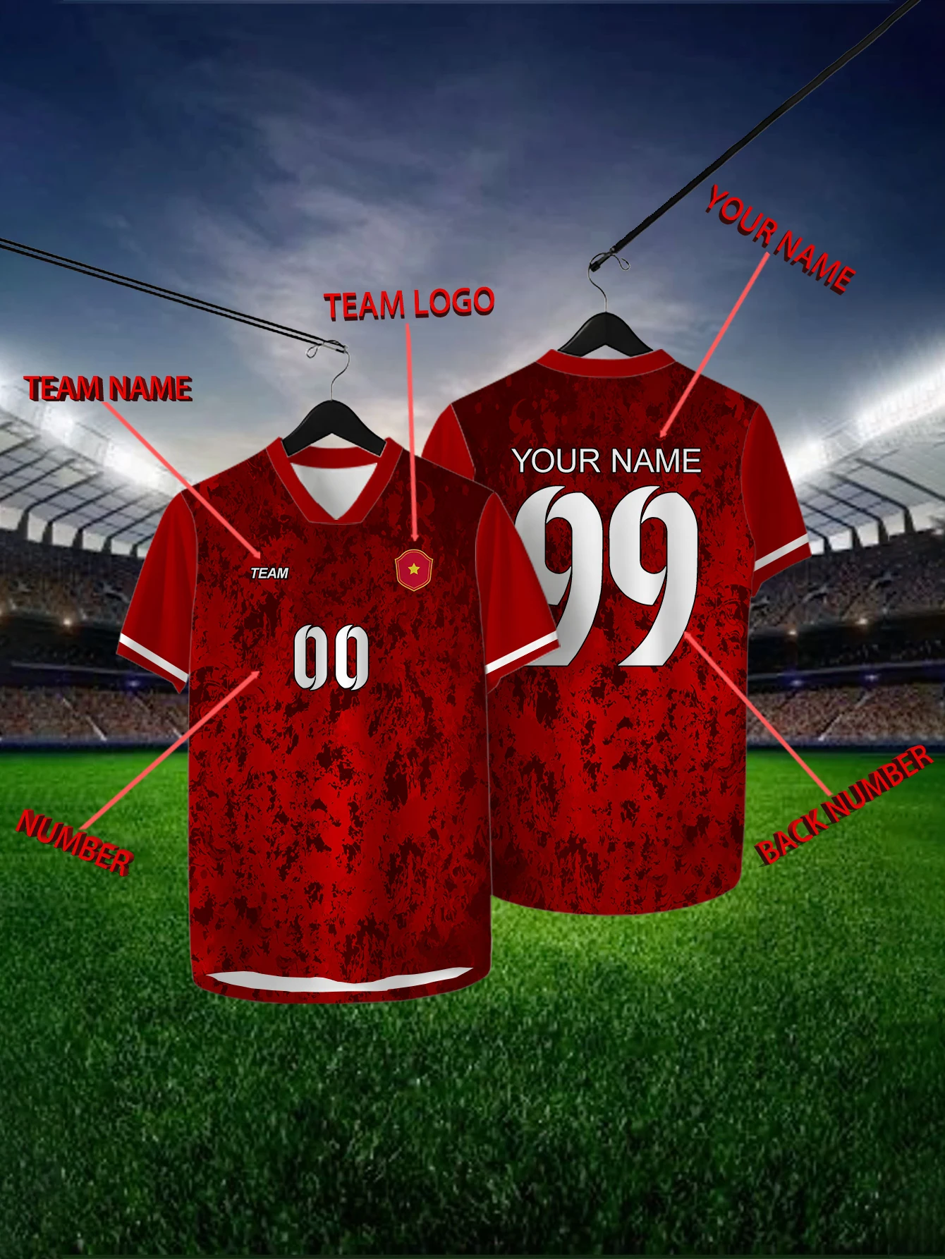 

Customized Geometric Red Short Sleeved Shirt with Team Name, Emblem, Name and Number, Outdoor Sports Short Sleeved T-shirt