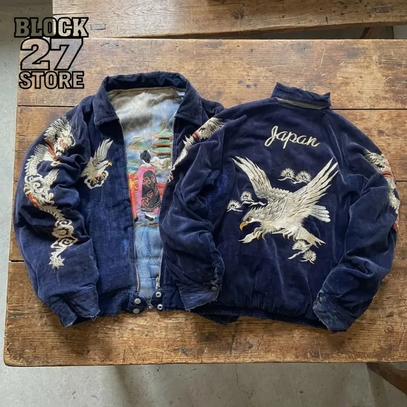 Mens Jacket Japanese Dragon Eagle Embroidery Corduroy Baseball Coat Harajuku Unisex Loose Fit Vintage Streetwear Fashion Trend