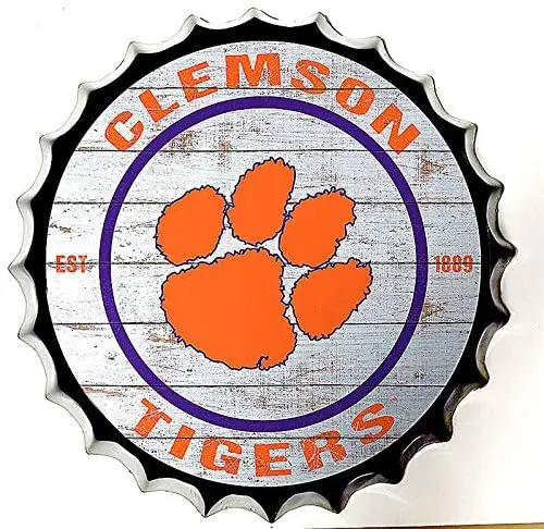 

Royal Tin Sign Bottle Cap Metal Tin Sign Clemson Football Rugby Team Diameter 13.8 inches, Round Metal Sign for Home and Kitchen