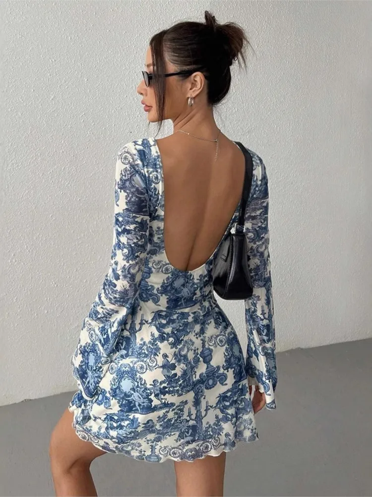

Sexy Dress Temperament Vestidos Commuting Dresses 2025 Woman French Mini Vestido Backless Printing Flared Sleeves Slim All-match