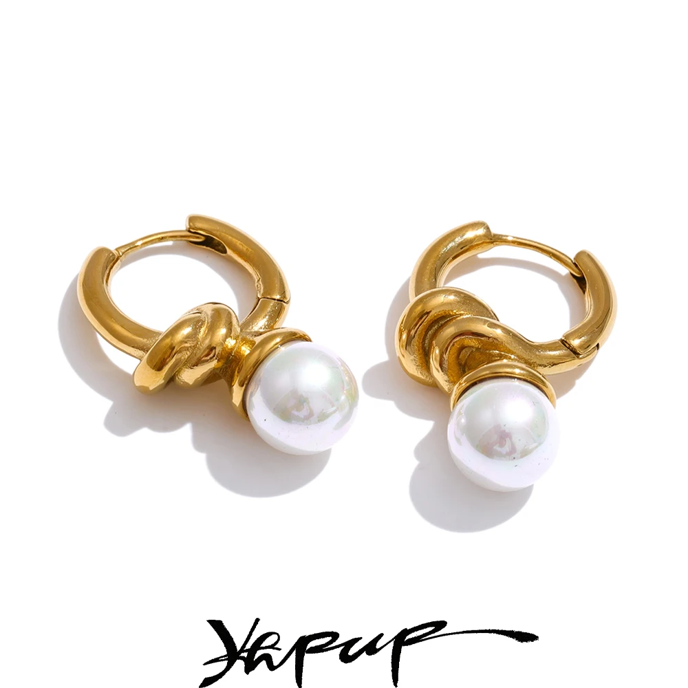 Yhpup clássico de aço inoxidável com pérolas simuladas, brincos de argola geométricos para todas as ocasiões, chique, versátil, joias douradas diárias