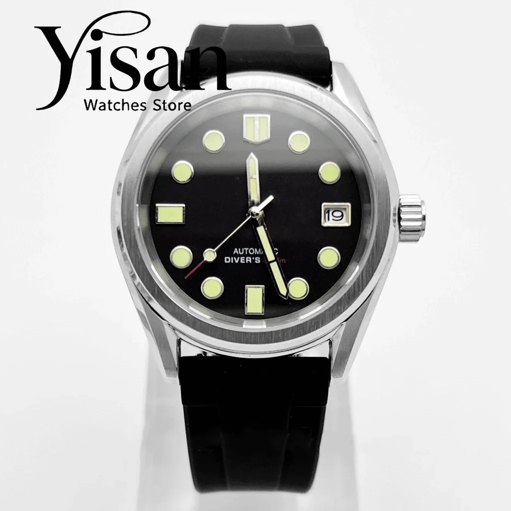 

38mm Silver Case Rubber Black Bracelet Sapphire Crystal Green Luminous Watch NH35 Automatic Movement Men's Business