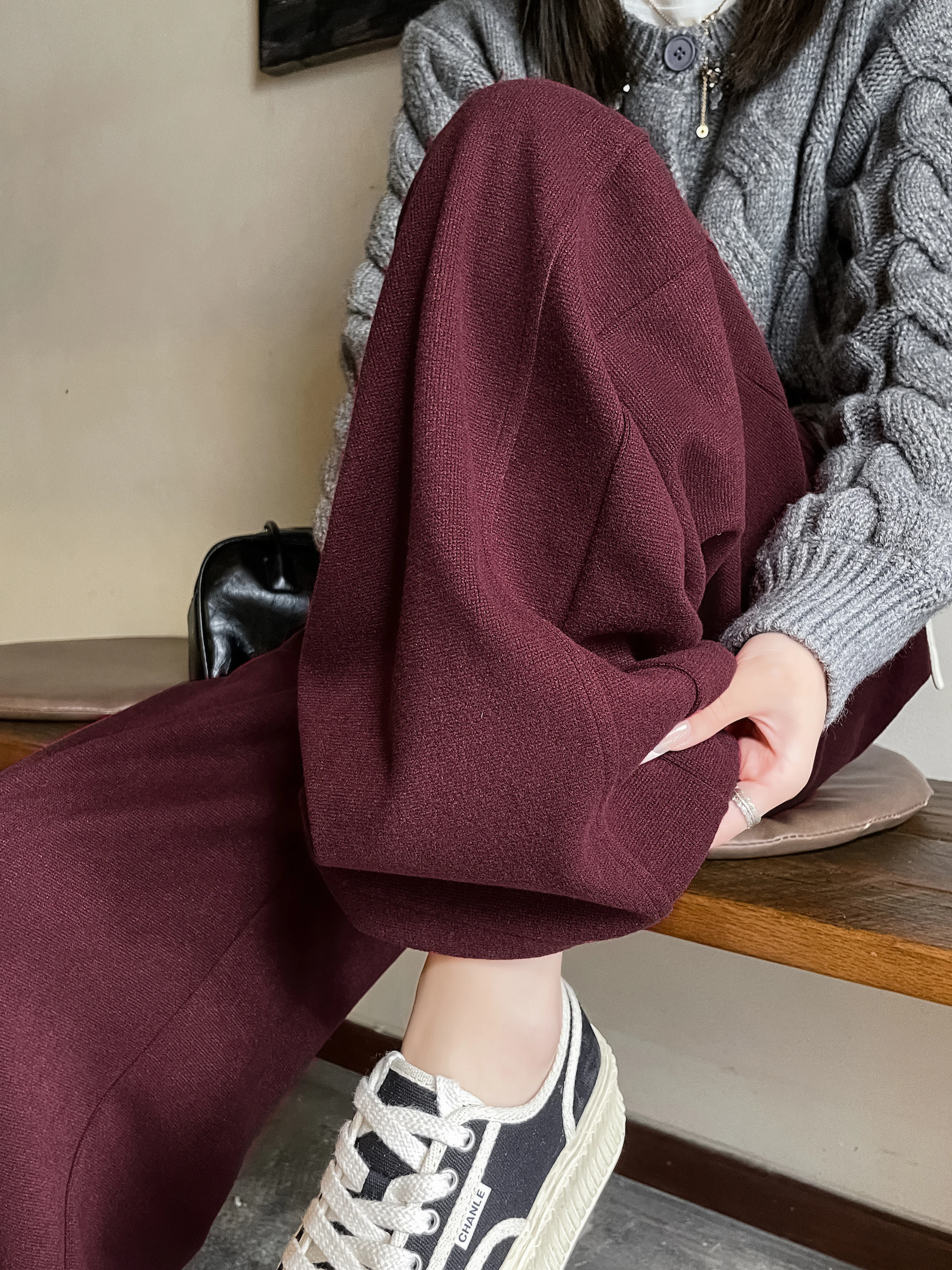 Oaeal Fce doublé Thi pantalon à jambes larges femme hiver taille haute minceur décontracté ample riz nouilles pantalon longueur de plancher