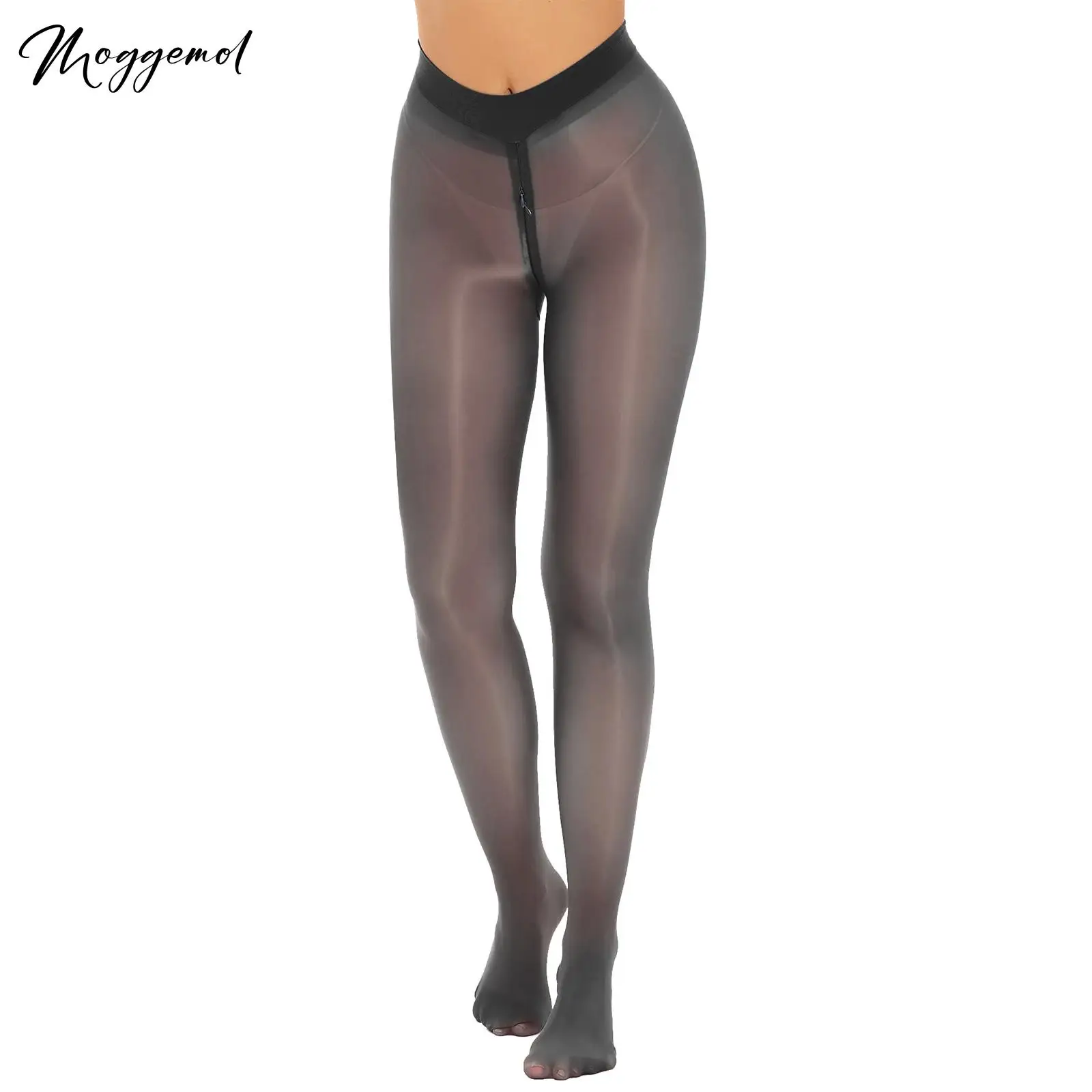 

Womens Sexy Zipper Crotch Tights Glossy See-through Pantyhose Stockings Oil Shiny Nylon Sheer Stretchy Pants High waist Leggings