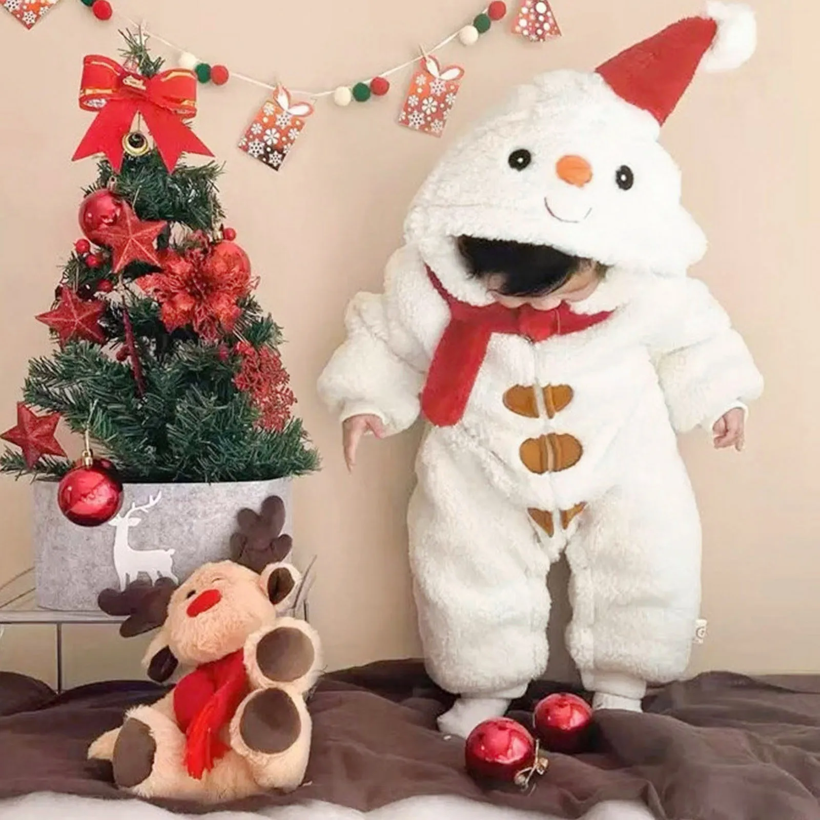 Infant Boys Girls Christmas Costumes Fleece Thick Long Sleeve Romper Cartoon Snowman Cosplay Hooded Jumpsuits For 3 6 12 Months