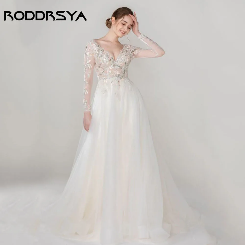 RODDRSY Illusion A-Line Tulle V Neck Pleat Court Train Wedding Dress Bridal Gown for Women Vestido de Novia Custom Made to Lady