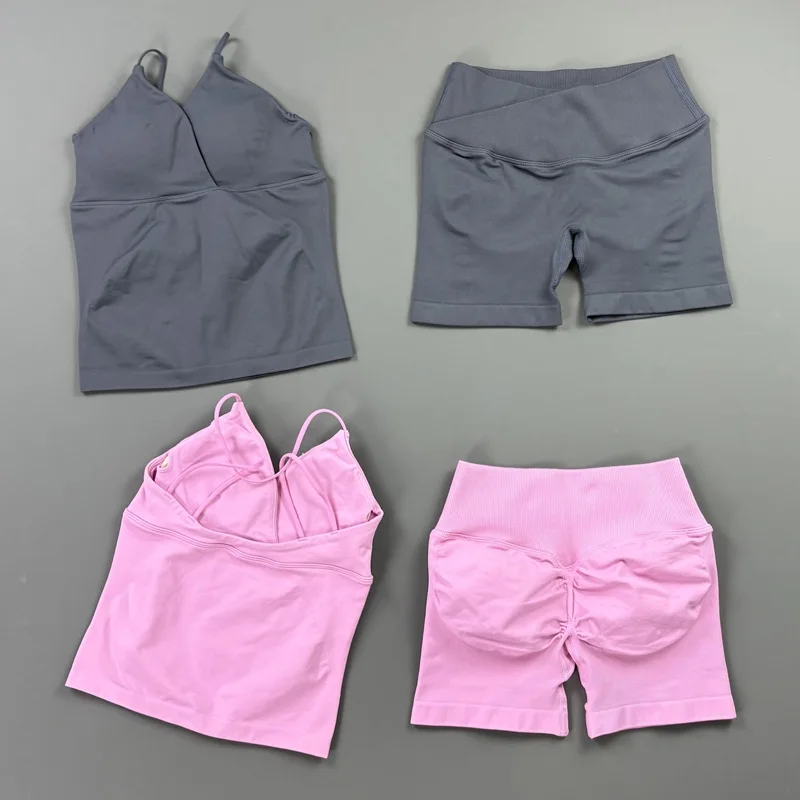 2Pcs Workout Shorts Set Women Cross Waist Scrunch Butt Shorts Tummy Control Racerback Tank Top Running Fitness Two Piece Suit