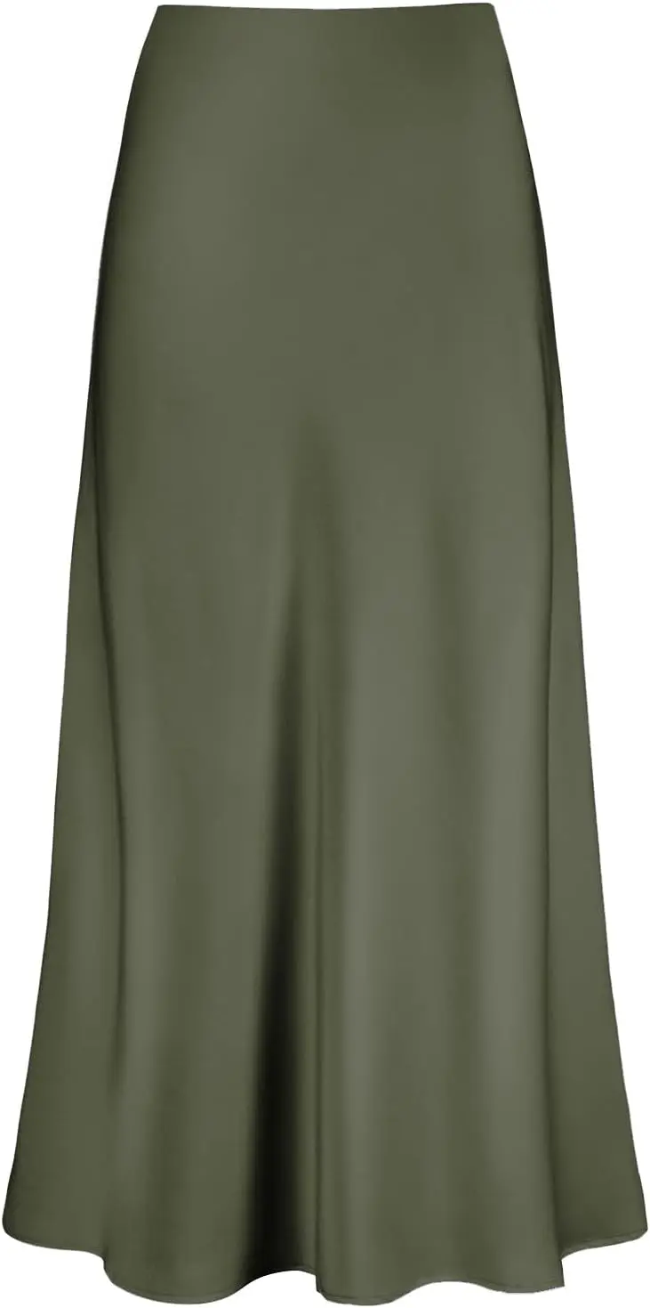 

Luxy Trio Women's Satin High Waisted Maxi Skirts Hidden Elasticized Waistband A Line Long Skirt