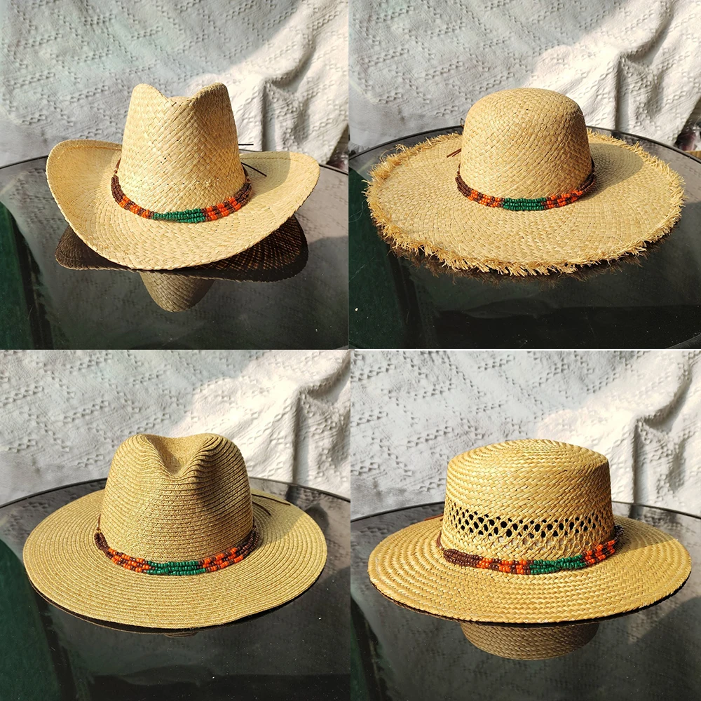 Summer Straw Hat Lafite Grass Round Top Straw Hat Jazz Hat Retro Colorful Beaded Accessories Fashionable and Minimalist Hat