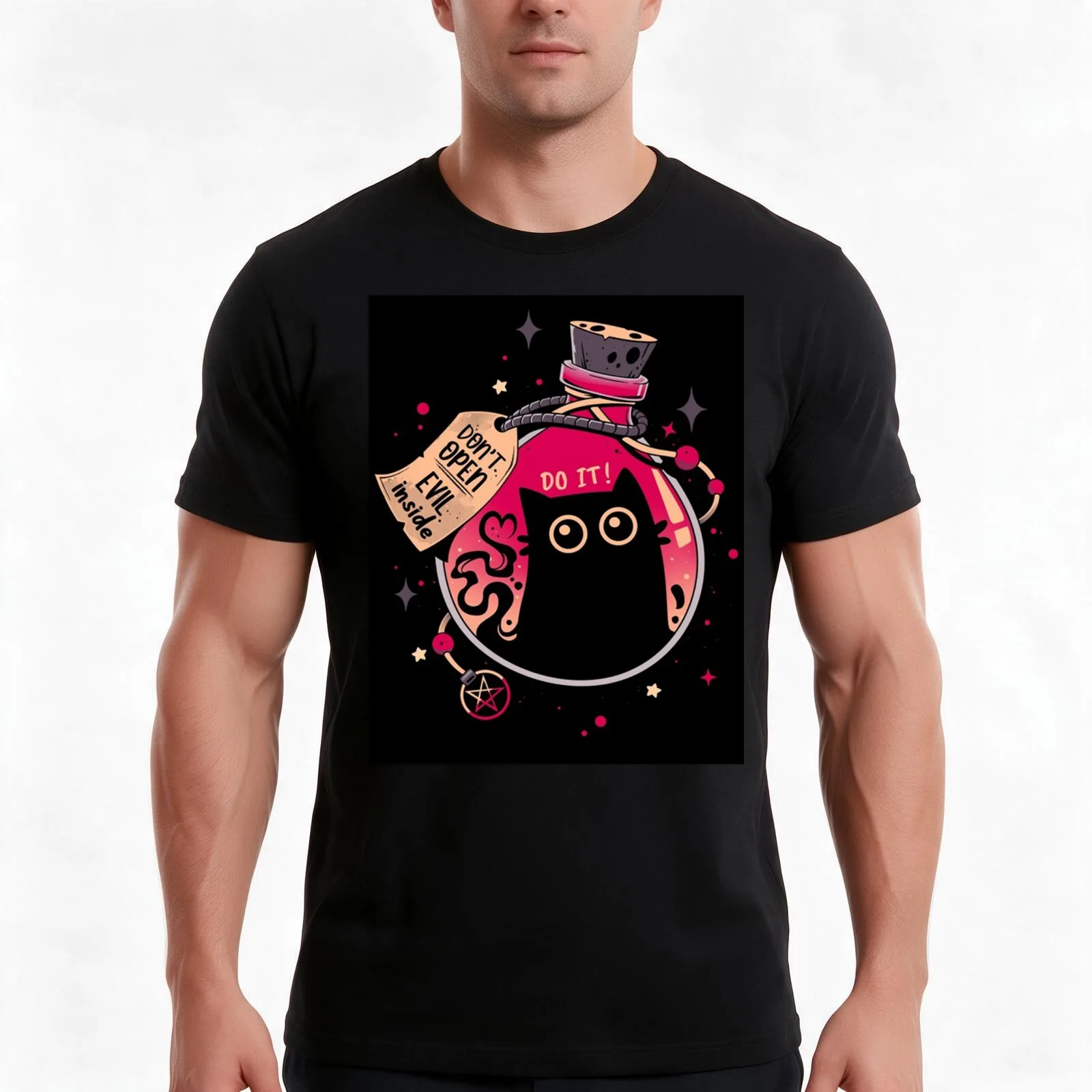Vintage Bottled Menace - Evil Black Cat 2025 T-Shirt, Summer Casual Cotton Tee, Oversized Streetwear Tops, Vintage Graphic Print