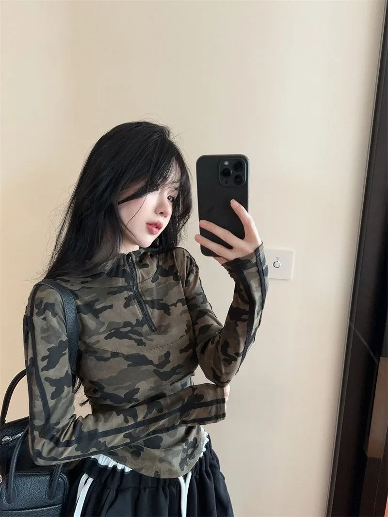 Damenmode Camo-Print Hoodie mit halbem Reißverschluss, Langarm-T-Shirt, einzigartiges Design, schmal geschnitten, lässiger Pullover-Oberteil für Damen – Detail 2