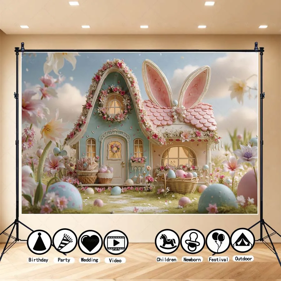 

MOON.QG Easter Day Dreamy Floral Cottage Photo Background Pastel Egg Celebration Decor Photography Backdrop For Children Party