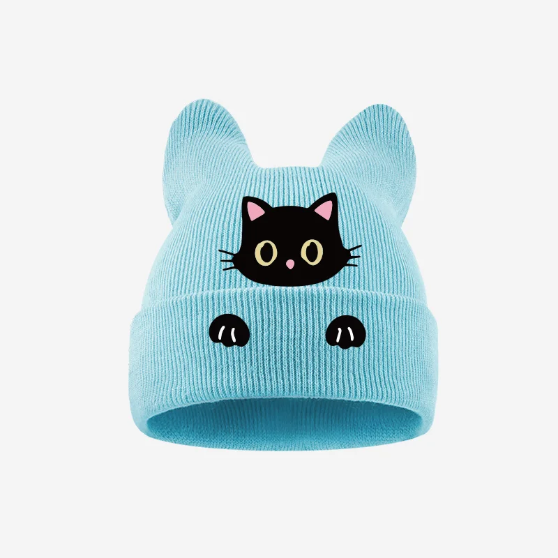 1‑3 Years Toddler Cat Ear Knit Cold Hat Cute Black Cat Cartoon Print Kids Soft Knitted Beanie Party Daily Accessory view 6