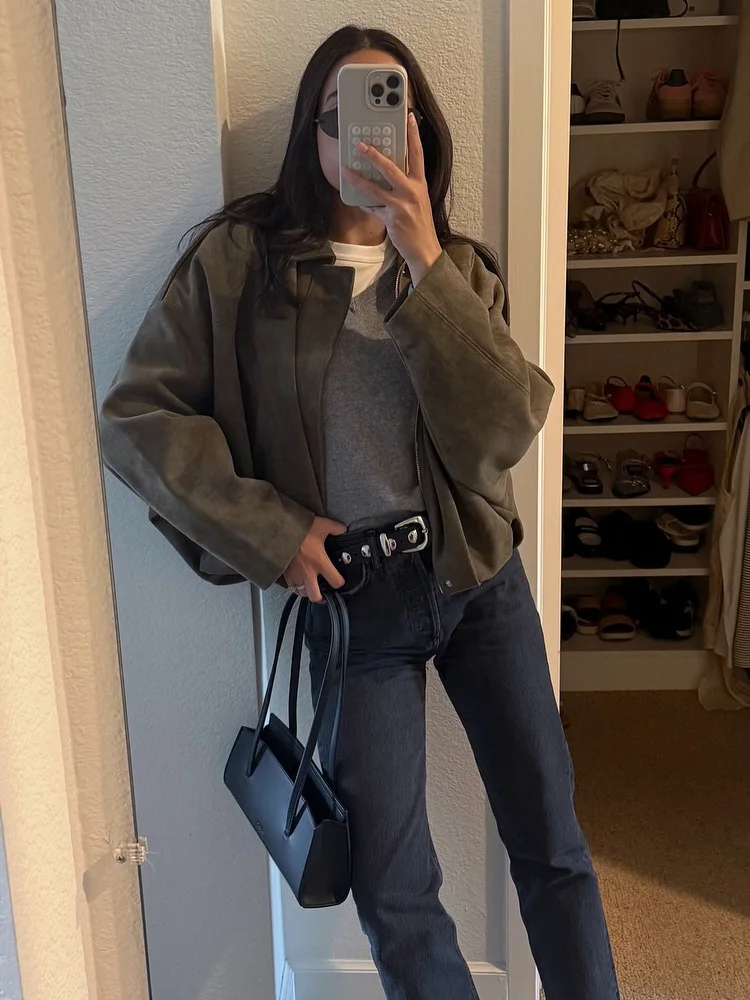 HH Vintage Dámská semišová bomberová bunda s dlouhým rukávem a klopou na zip, ležérní kabát, jarní pouliční svrchní oblečení - náhled 5