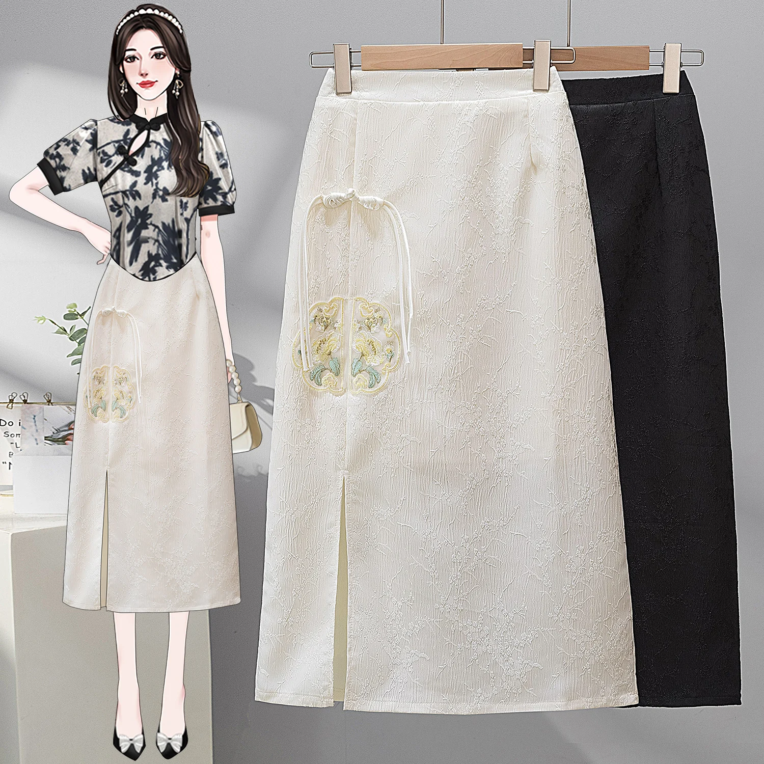 

Новая китайская атласная юбка большого размера, женская летняя элитная юбка-труба с разрезом миди, прямая юбка со средней талией