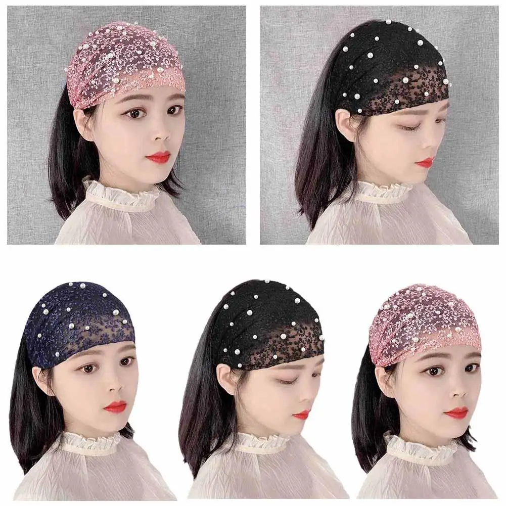 Fascia a tesa larga da donna di moda con decorazione di perle fascia per capelli con turbante accessori per capelli pizzo da allenamento traspirante