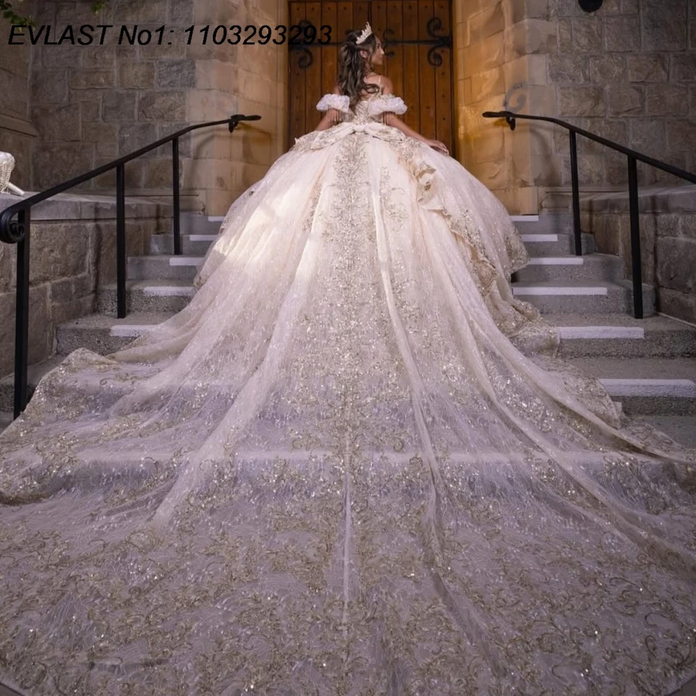 

EVLAST Customized 2026 Champagne Ball Gown Quinceanera Dress Gold Lace Applique Beading Sweet 16 Vestidos De 15 Anos E1QN372