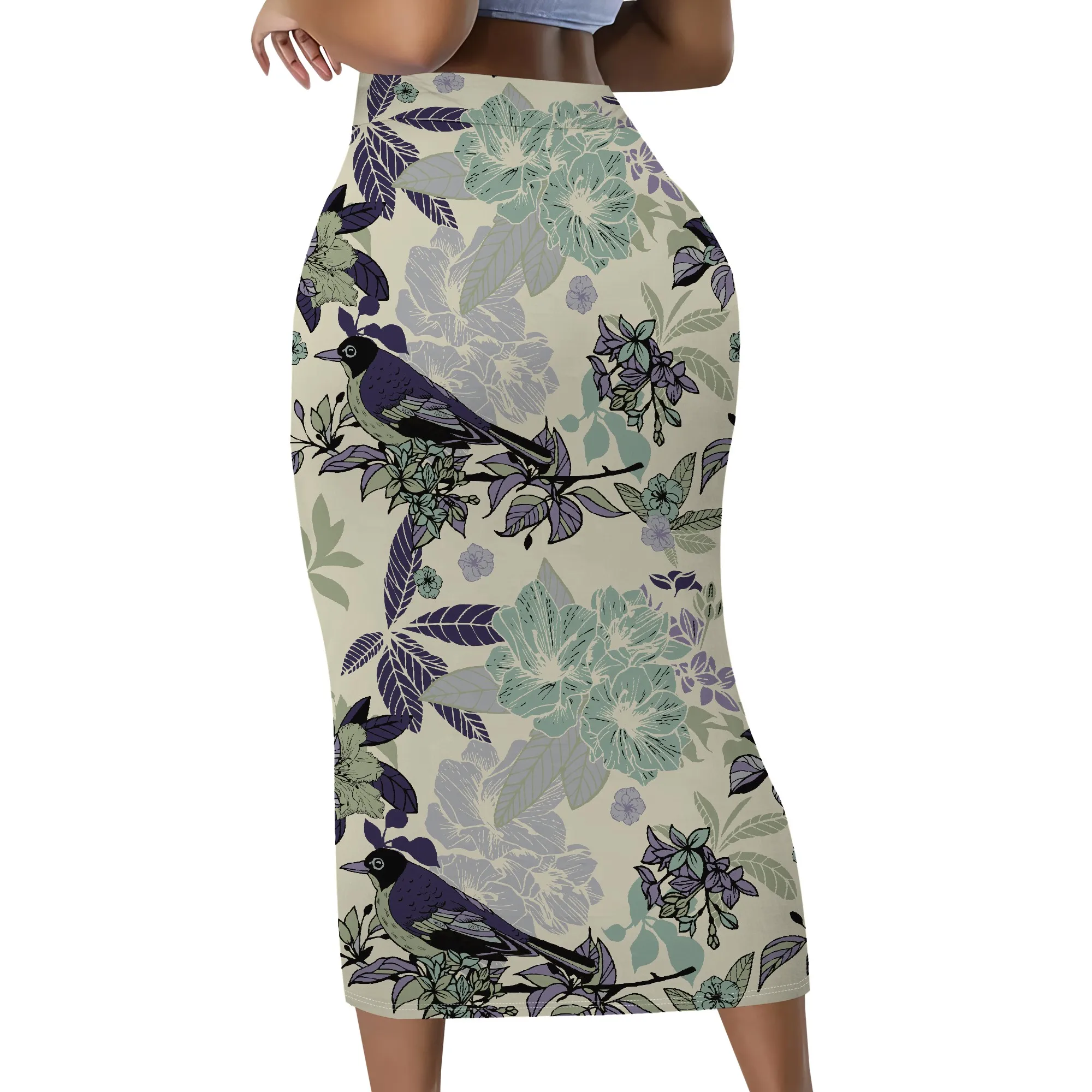 Blumen-Vogelmuster-Rock, Vintage Botanisches Muster, Eleganter Bleistiftschnitt, Damen Bürokleidung, Lässiger Party-Midirock, S-2XL – Detail 3