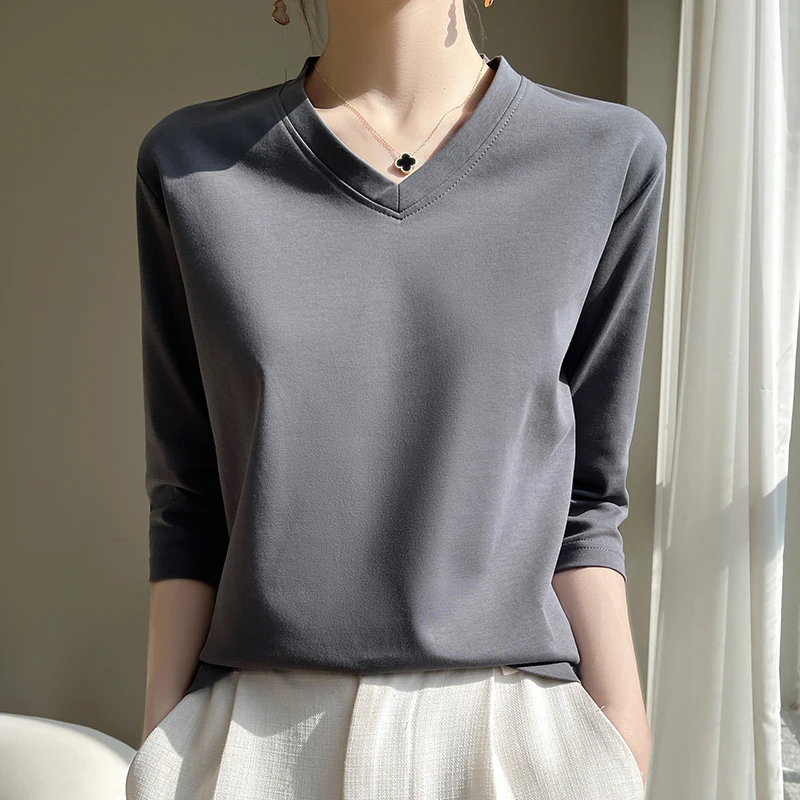 ZOCEPT Solid Mercerized Cotton T-Shirts Women Spring Summer Casual Three Quarter Sleeve Loose V-Neck Tops Female T Shirt Blouse