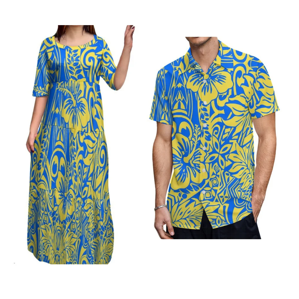 

Elegant Pacific Island Dress Custom Couple Clothing Patterns Polynesian Women'S Dress Hawaiian Formal Men'S Shirt
