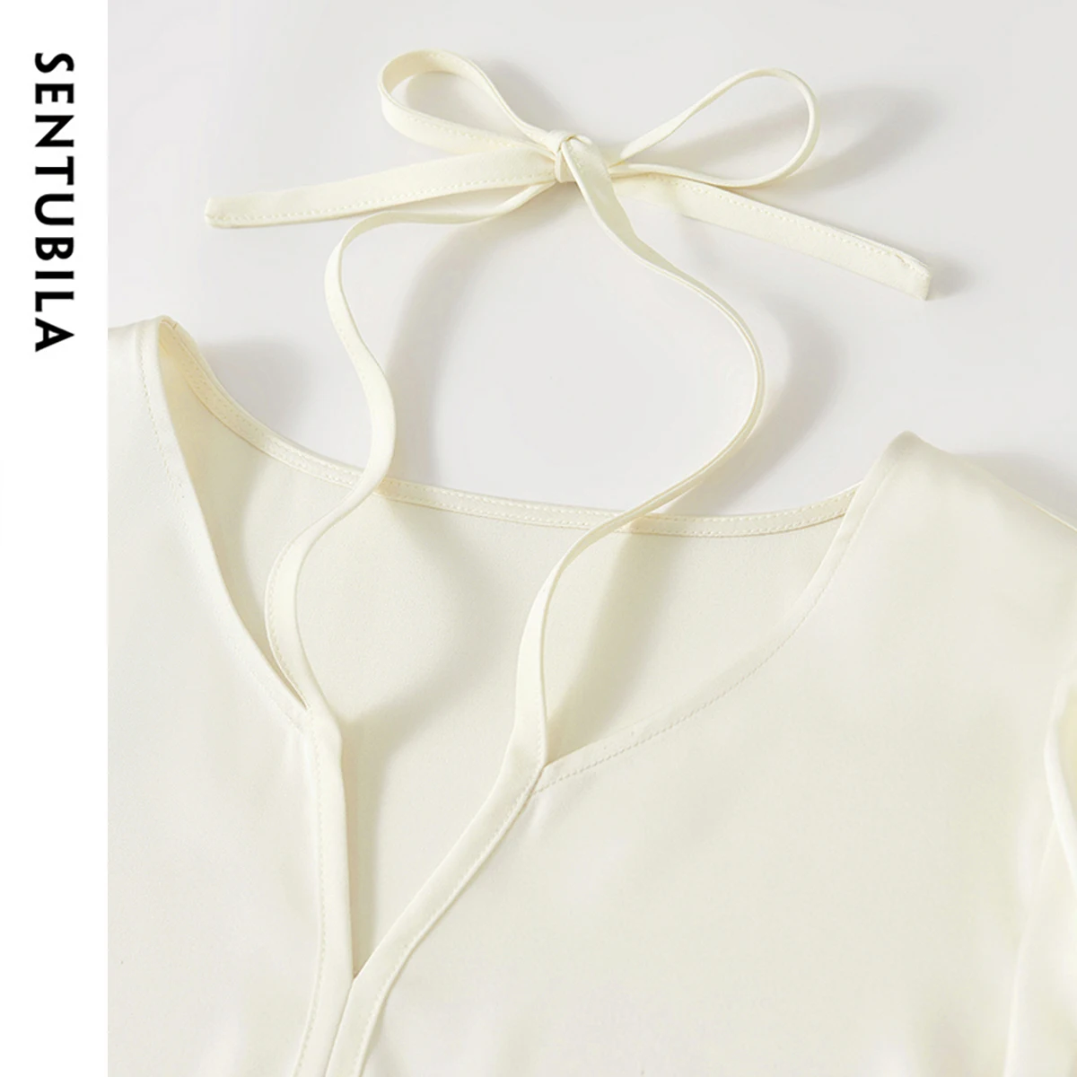 SENTUBILA Satin Women Blouse 2025 Spring Chiffon Commute Lace Up V Neck Hollow Three Quarter Puff Sleeve Shirts 151V58360